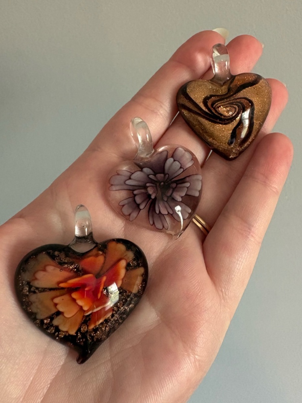 Vintage Murano Glass Heart Pendants - Set of 3
